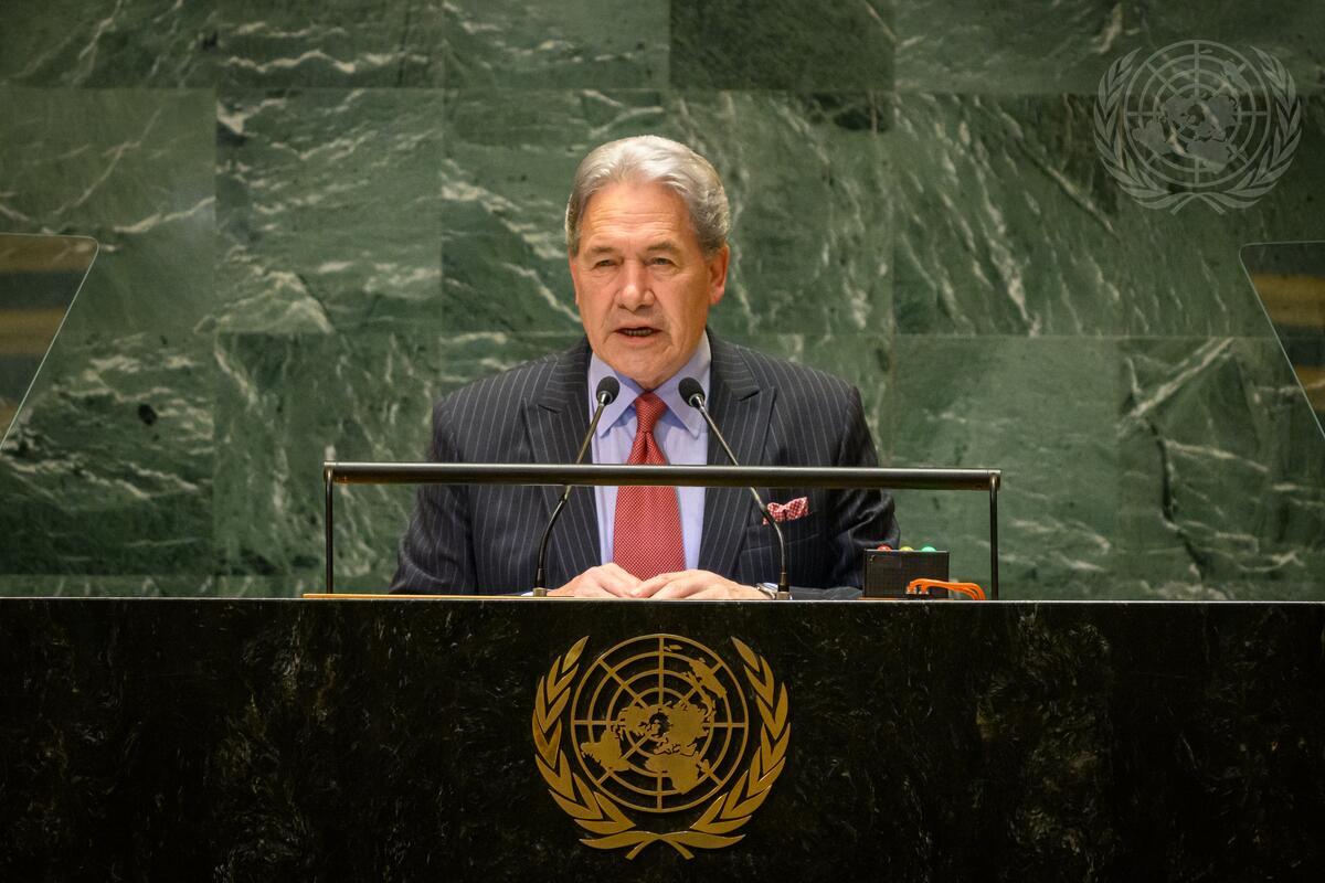 Foreign Affairs Minister Winston Peters speaking at the UN. Photo: Supplied/UN