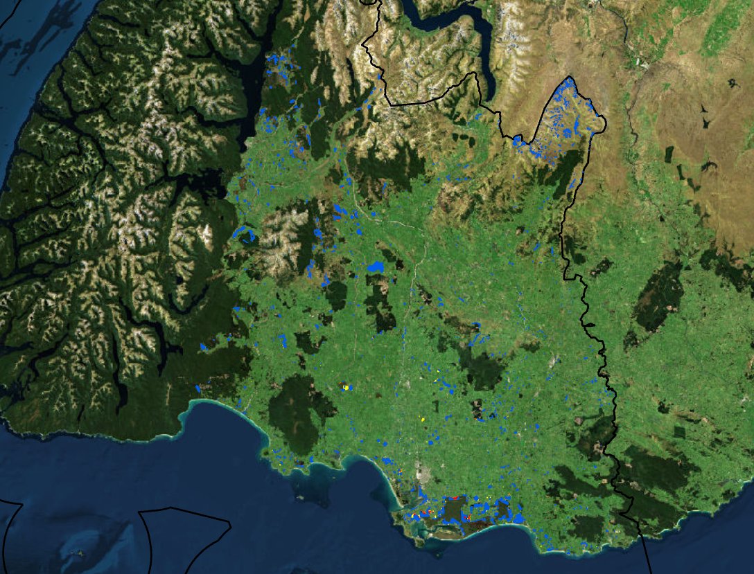 This map shows the state of wetlands in Southland. Blue marks represent existing wetlands, yellow...