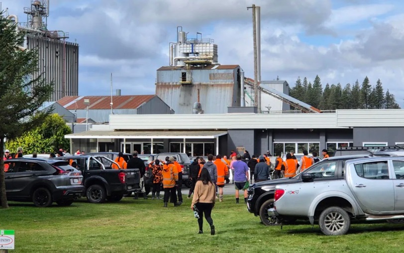 Workers heading into a Winstone Pulp International meeting after news of the closure of two of...