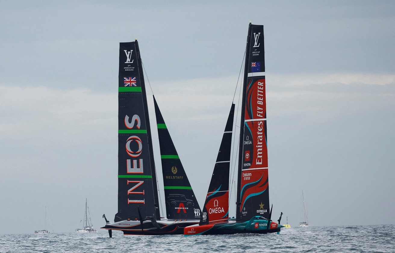 Ineos Britannia and Emirates Team New Zealand in action during race two. Photo: Reuters 