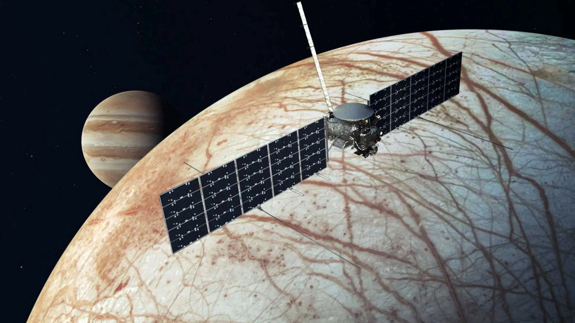 An artist's concept shows a Nasa's Europa Clipper spacecraft flying past Jupiter's moon Europa....