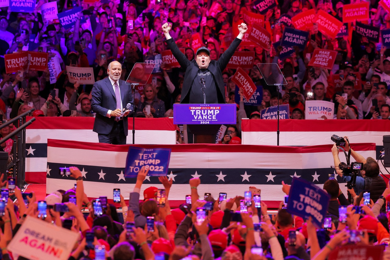 Tesla CEO and X owner Elon Musk on stage during the rally. Photo: Reuters