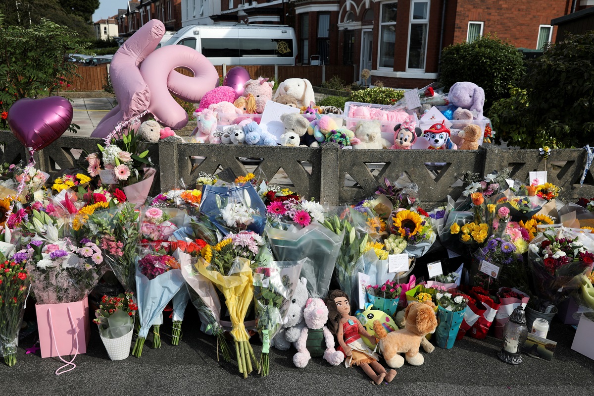 Tributes placed near the scene of the fatal stabbings in Southport, England. File photo: Reuters