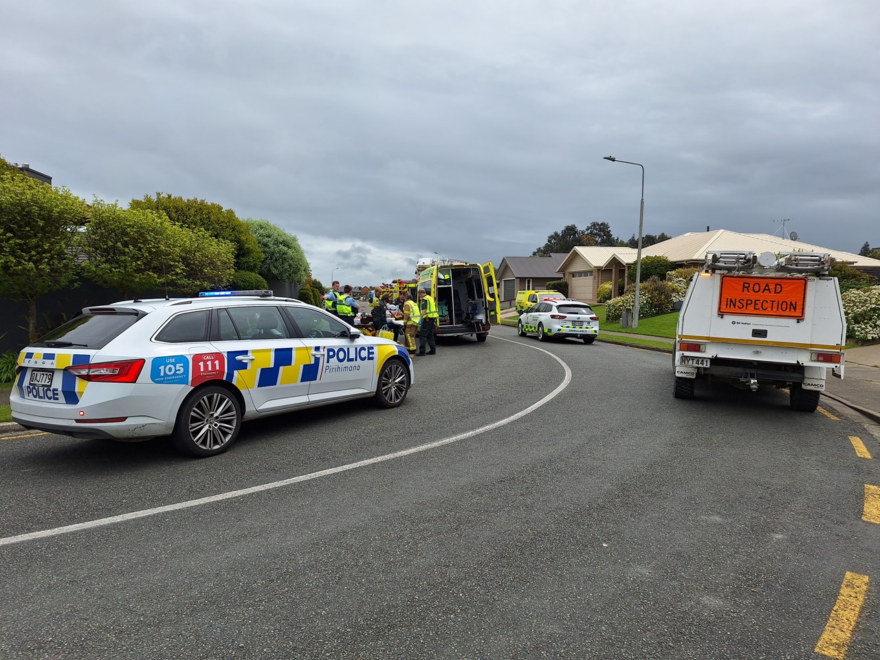 Emergency services at the scene in Invercargill this afternoon. Photo: Nina Tapu