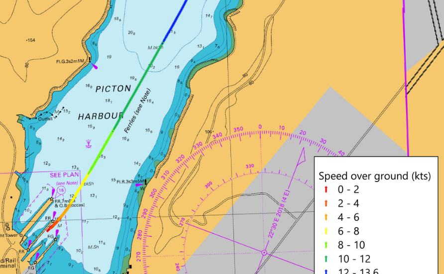 A track map showing the Aratere ferry's course through Picton Harbour on 21 June. Image: KiwiRail