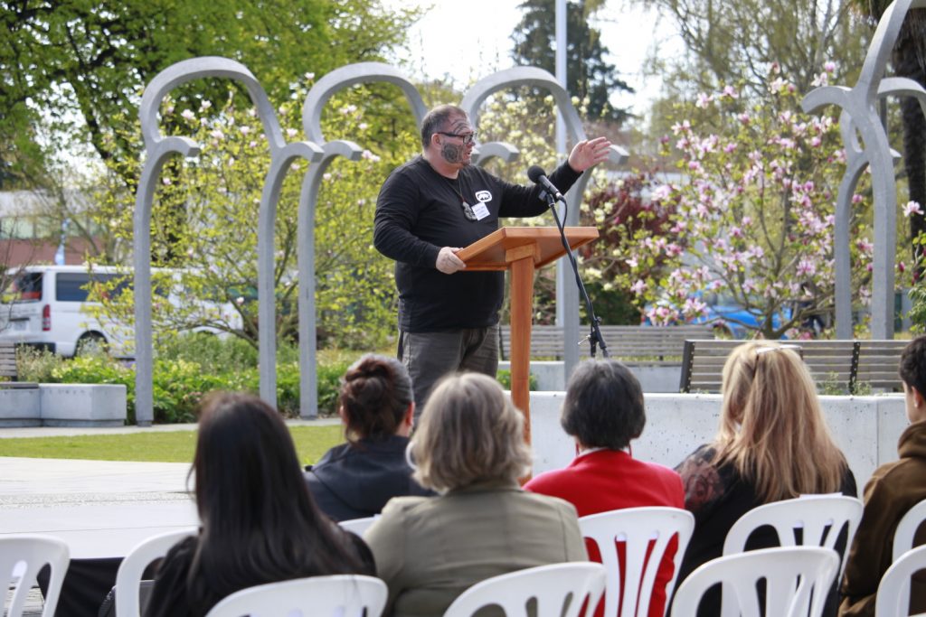 Whaikōrero for Arowhenua, Awatea Edwin, speaks to the crowd. PHOTO: SUSAN SANDYS