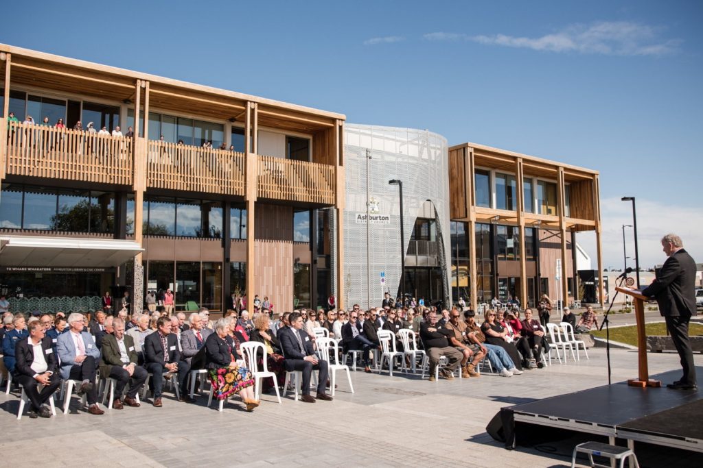 Te Whare Whakatere forms an impressive backdrop at the official opening. PHOTO: JOANNE MCCLOY