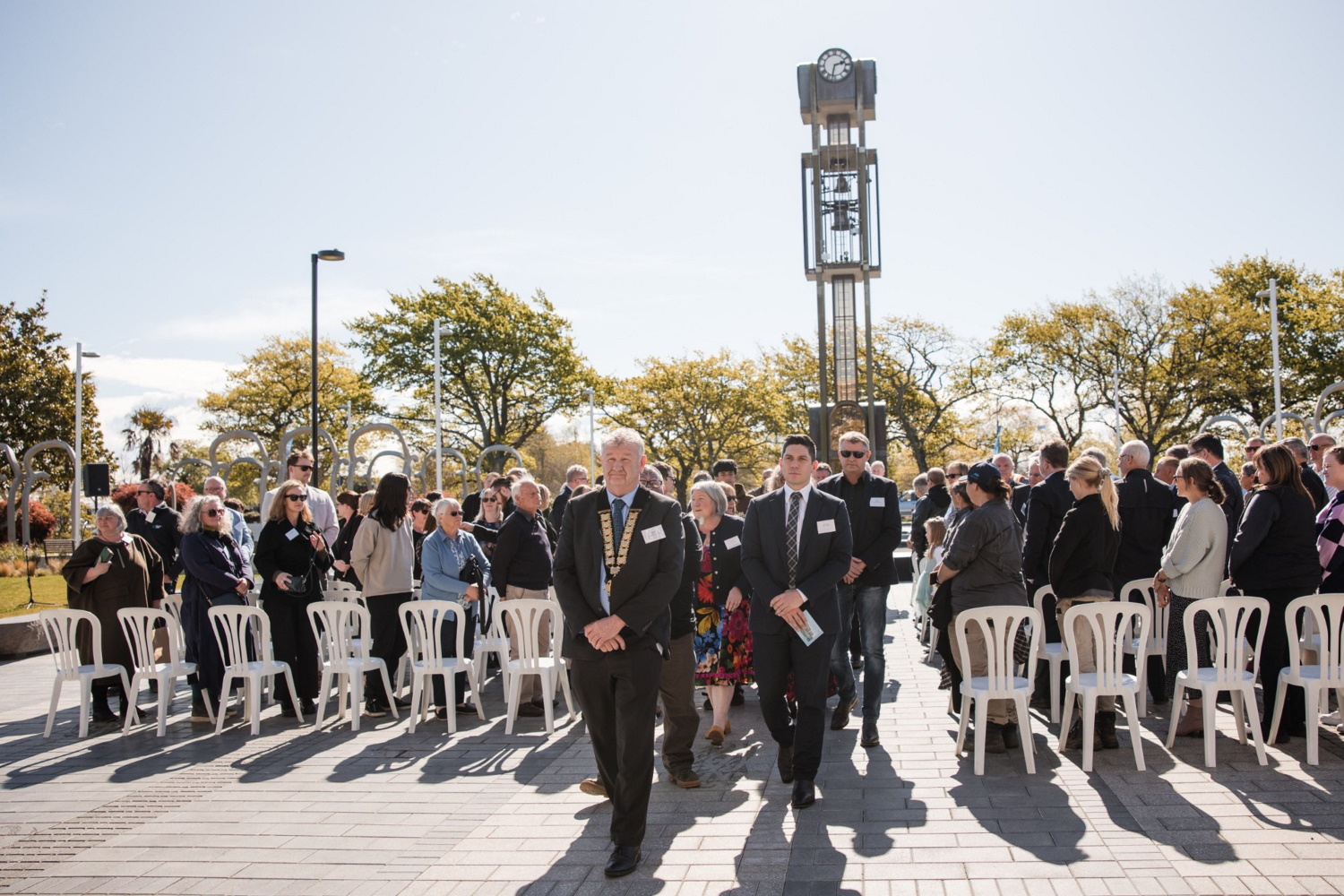 Leading the official party at Te Whare Whakatere was Mayor Neil Brown, followed by (from left)...