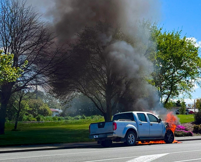 A ute fire on State Highway 1 in Tinwald closed the road. PHOTO: NZ EMERGENCY GROUP, FACEBOOK