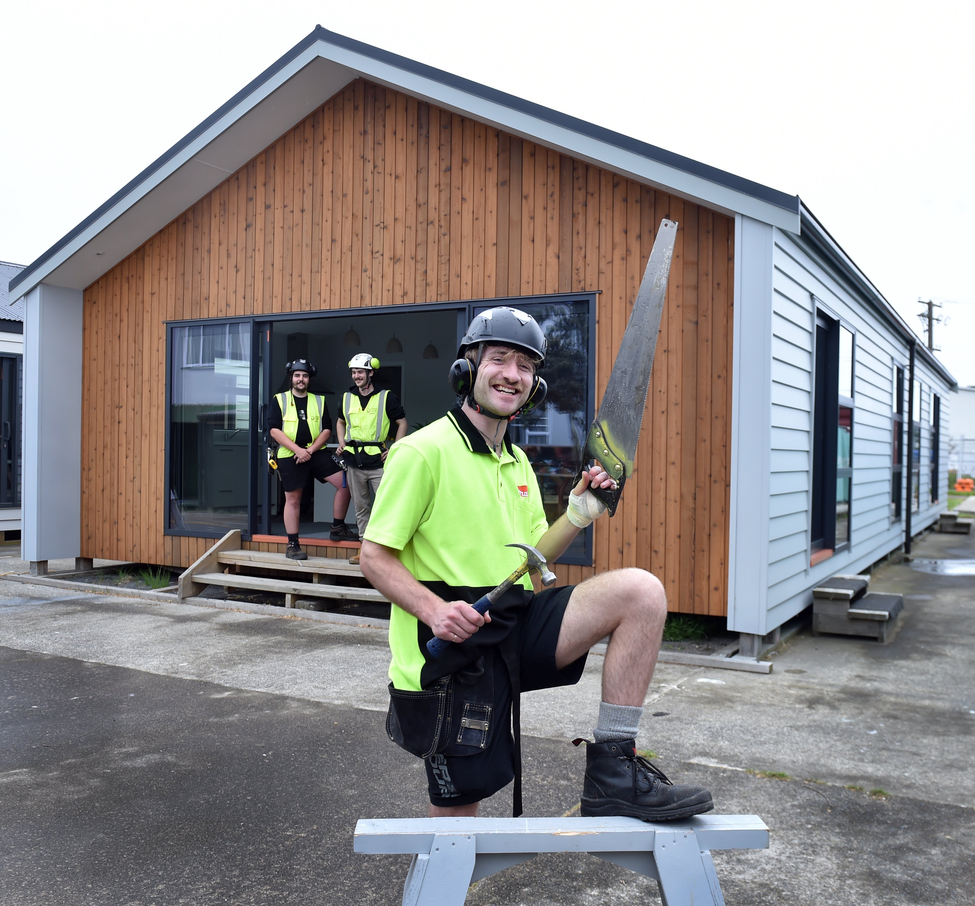 Otago Polytechnic Allied Trades students Will Horner, 20 (front), Kahn Blanch, 21 (left), and ...