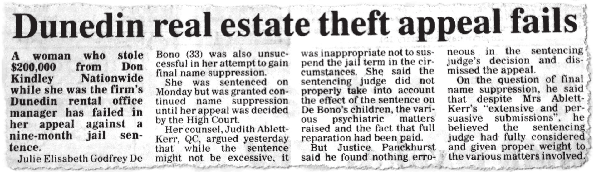 An 'Otago Daily Times' story from July 1997 about Julie Morton’s (then De Bono) failed appeal...