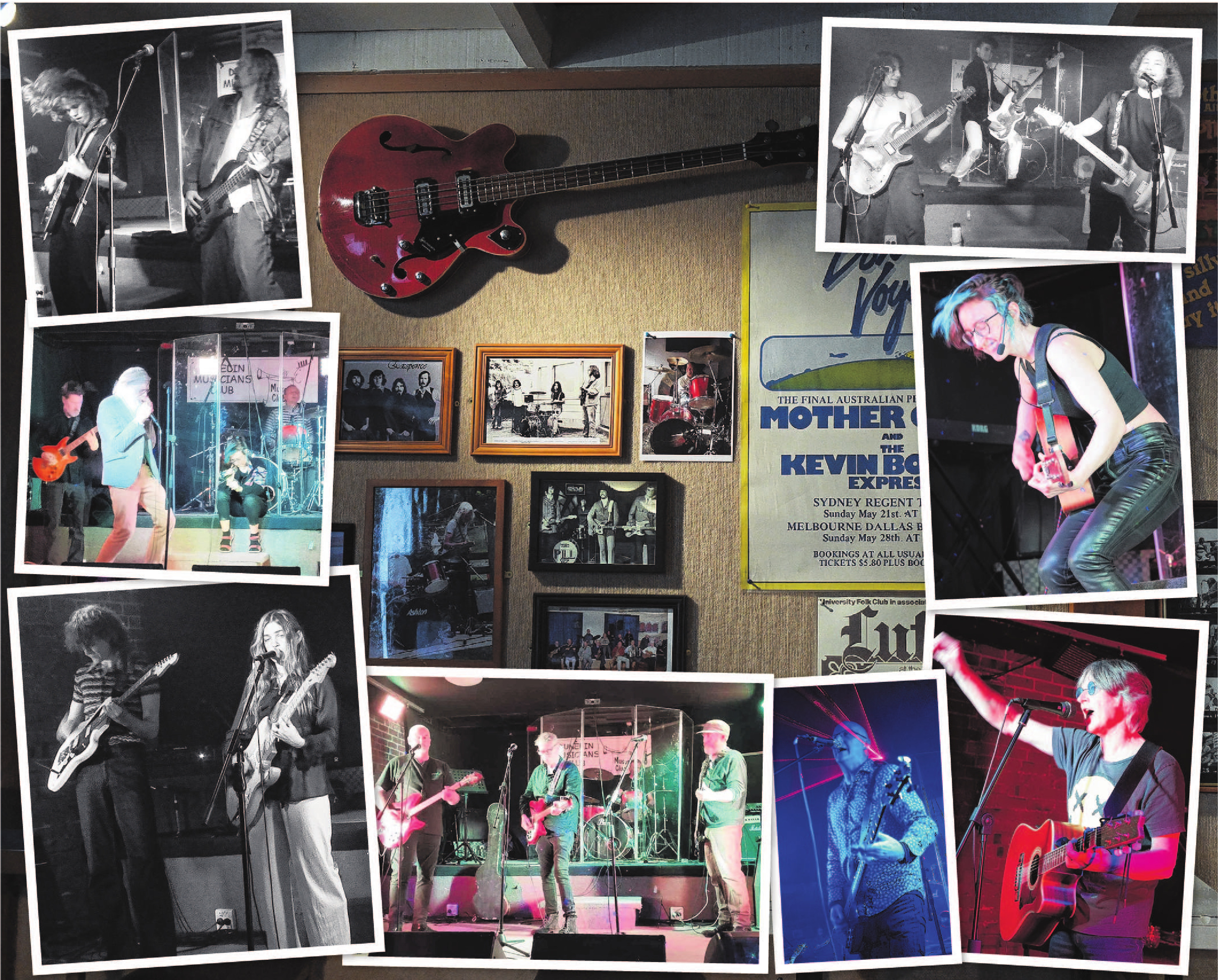 Musicians perform onstage at the club over its 50-year history. Memorabilia from Dunedin bands...