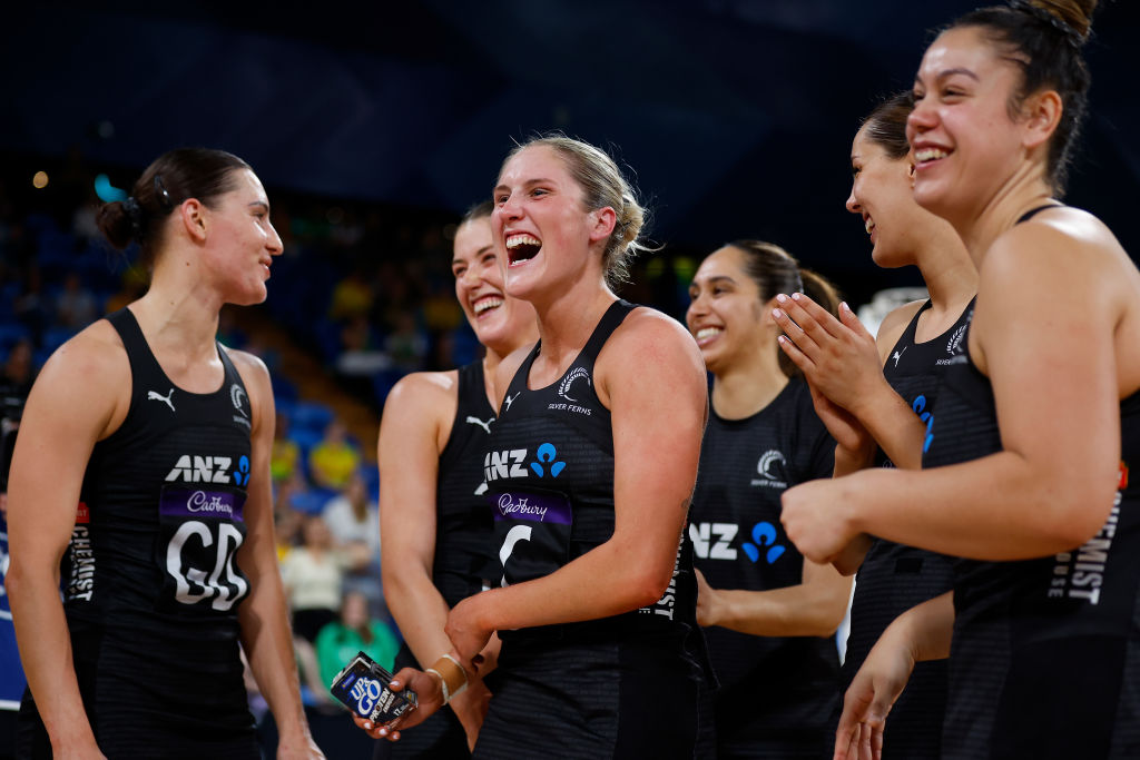 Silver Ferns players celebrate their victory over Australia. Photo: Getty