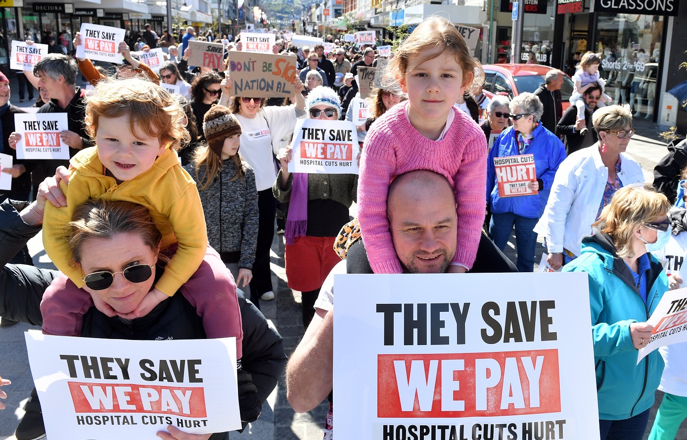 Thousands of people marched down Dunedin’s George St on Saturday to protest hospital cuts. Photo:...