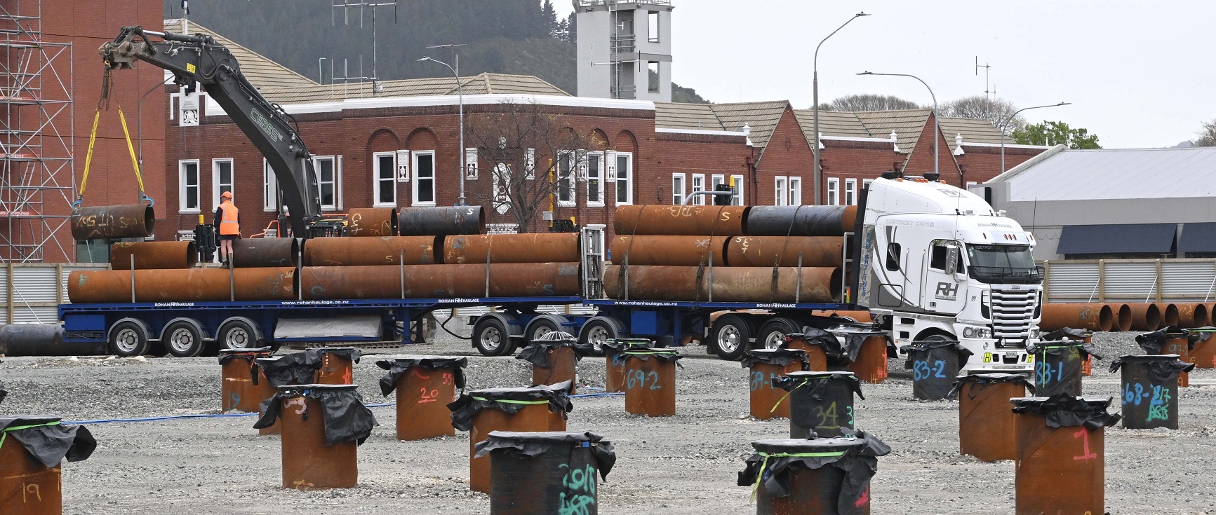 Piling material is loaded on to a truck on the new Dunedin hospital inpatient site earlier this...