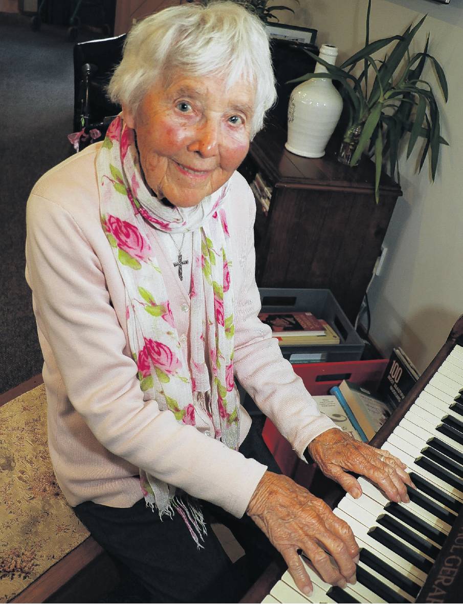 Centenarian Joy Forbes plays a dance tune on piano at the Amberley Rest Home. PHOTO: JOHN COSGROVE