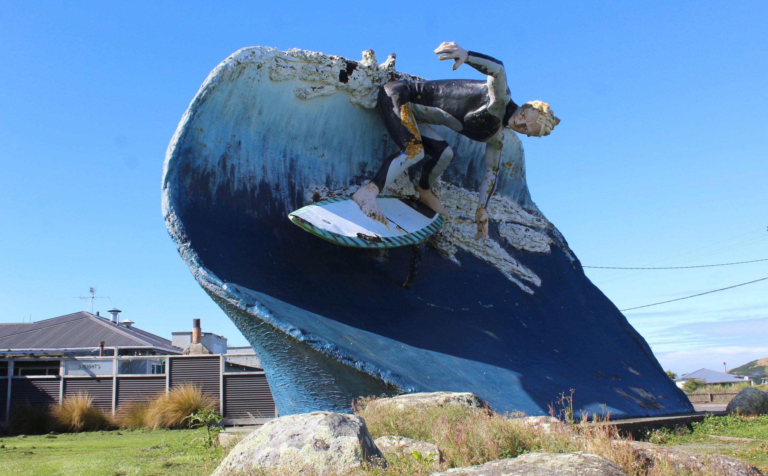 The statue, pictured earlier this year, pays homage to an array of surf breaks in the area.