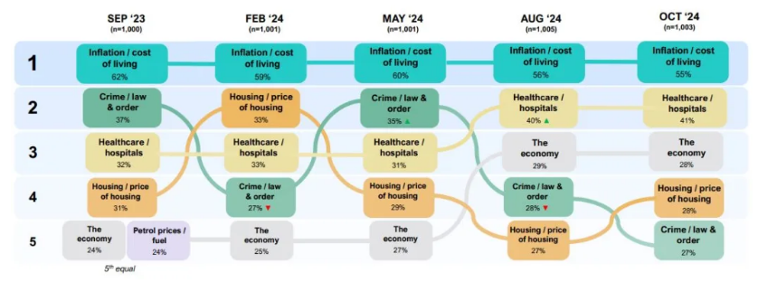 A graph showing the top five issues people face, as per the latest IPSOS Issues Monitor survey....