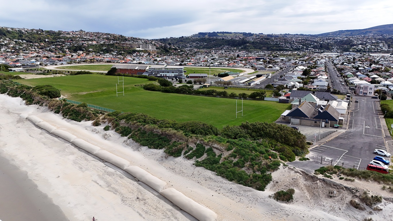 Sand sausages have been put in place to protect South Dunedin’s Kettle Park as coastal erosion...