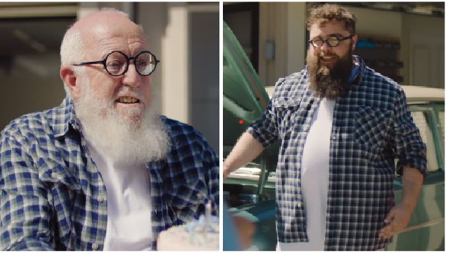 Max Lucas  and his ‘younger self’ starring in a TV commercial for Arvida retirement villages. He...