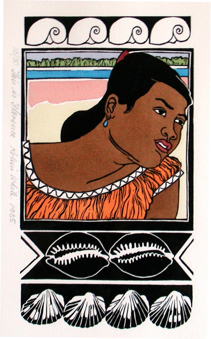 Robin White, Twenty-eight Days in Kiribati: This is Florence (1985) hand-coloured woodcut on...