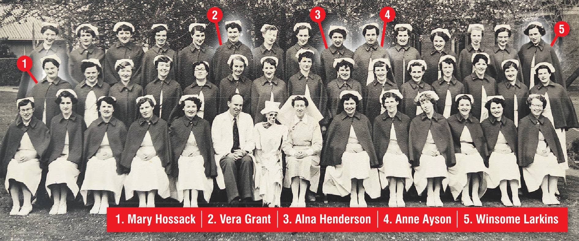 The 1955 class of trainee nurses, taken at the Dunedin Nursing Home, including "Mrs Chase" the...