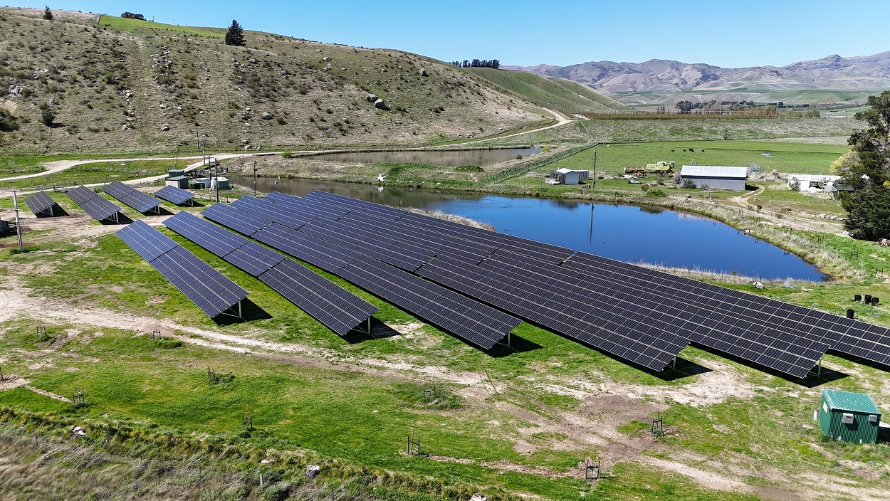 The solar system Sam Spiers has installed at his Tarras farm totals 1000 solar panels spread...