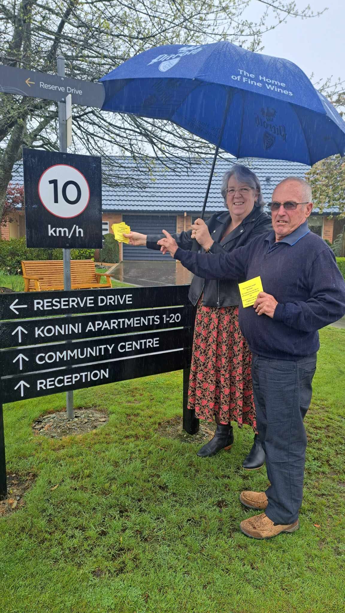 Strathallan chief executive Carolyn Cooper and resident Graham Sangster point out the 10kmh speed...