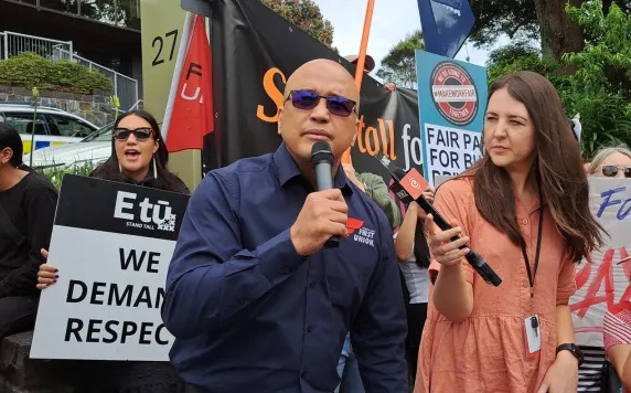 Dennis Maga at a protest in 2023. Photo: Jordan Dunn/RNZ