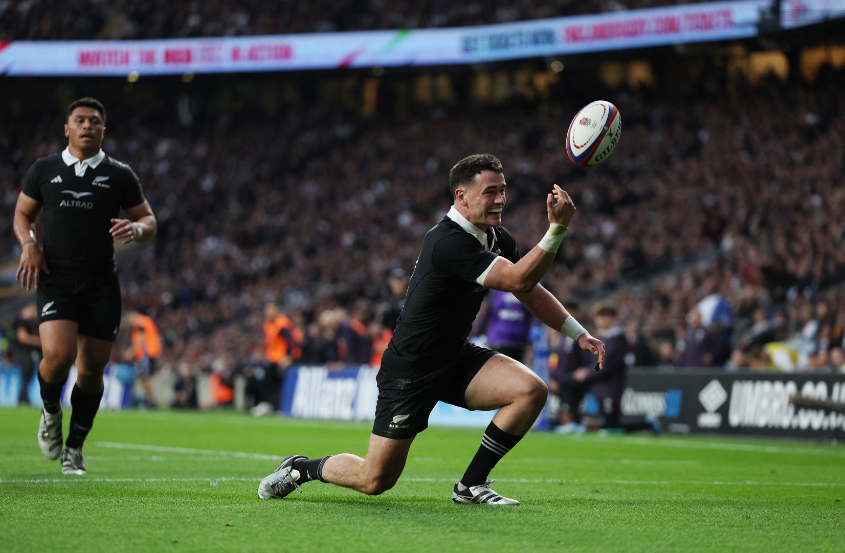 New Zealand's Will Jordan celebrates scoring their second try against England. Photo: Reuters