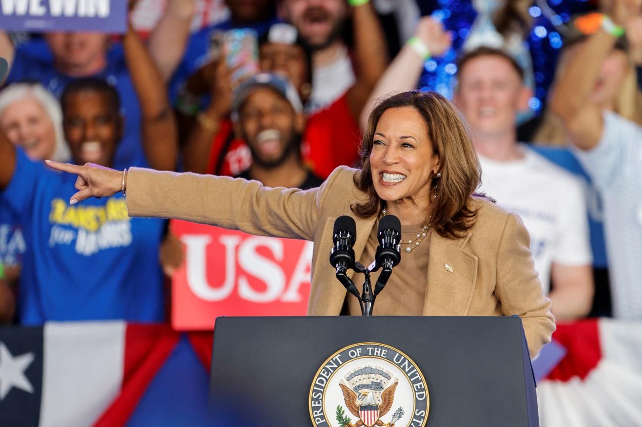 US Vice President Kamala Harris gestures as she speaks at a campaign rally in Charlotte, North...