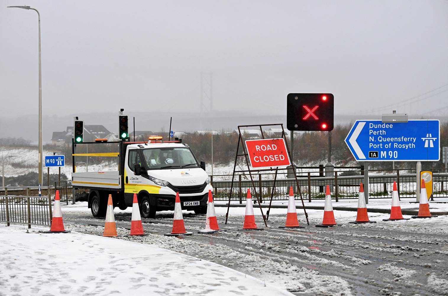 A road is closed as near Edinburgh in Scotland as Storm Bert hits the country. Photo: Reuters