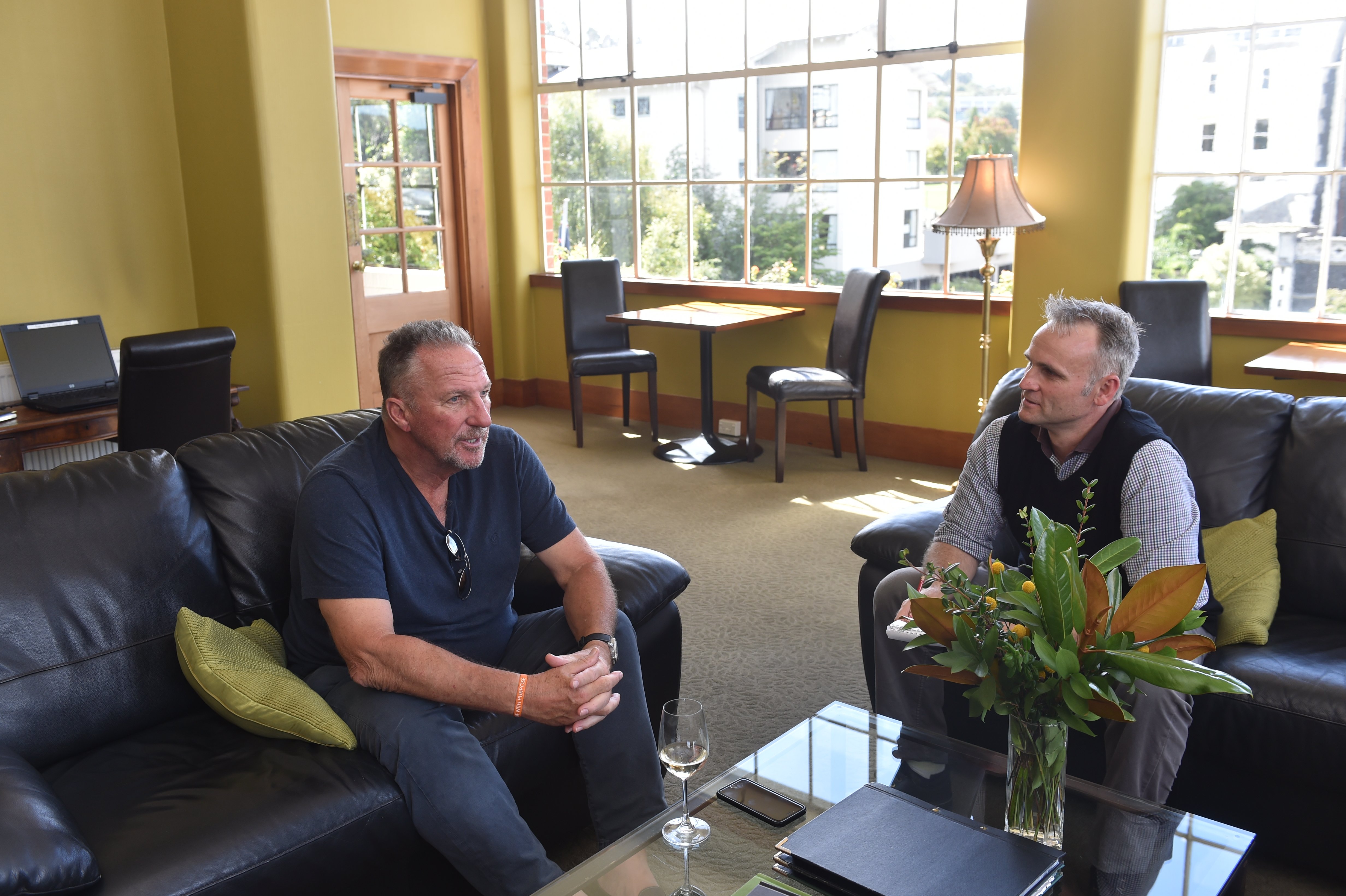 Seconi interviews English cricket great Ian Botham in Dunedin in 2018. PHOTO: PETER MCINTOSH