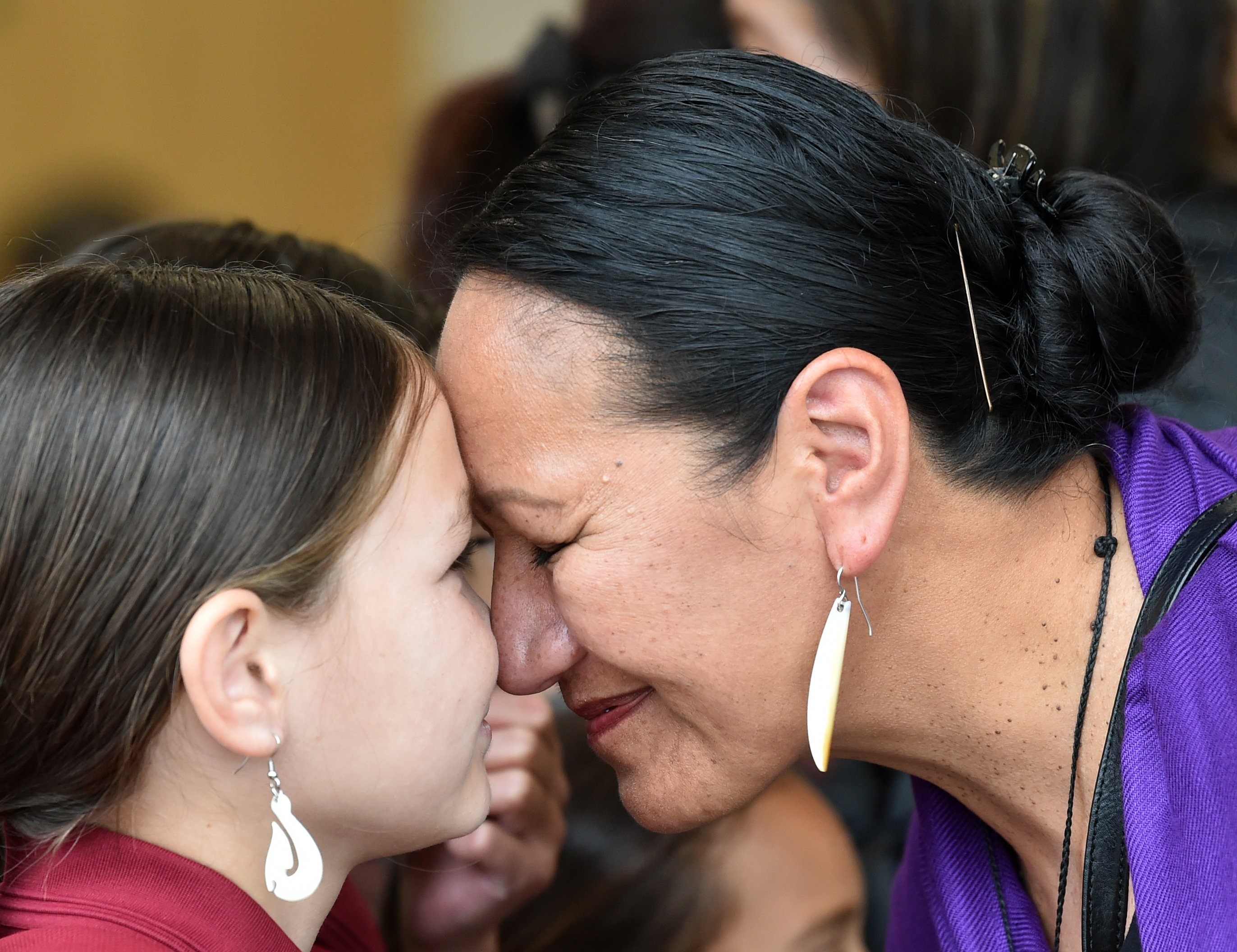 Te Kura Kaupapa Māori o Ōtepoti  pupil  Aniwa York, 9, greets former principal Tiahuia Kawe-Small...