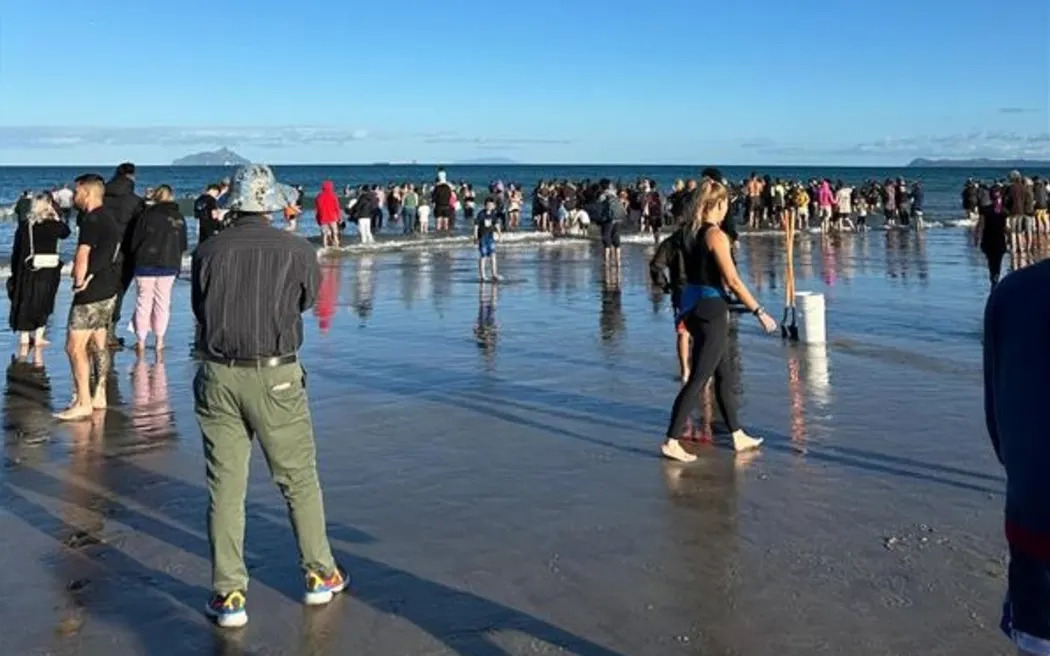 People at Bream Bay attempt to stop pilot whales from restranding after they have been refloated....