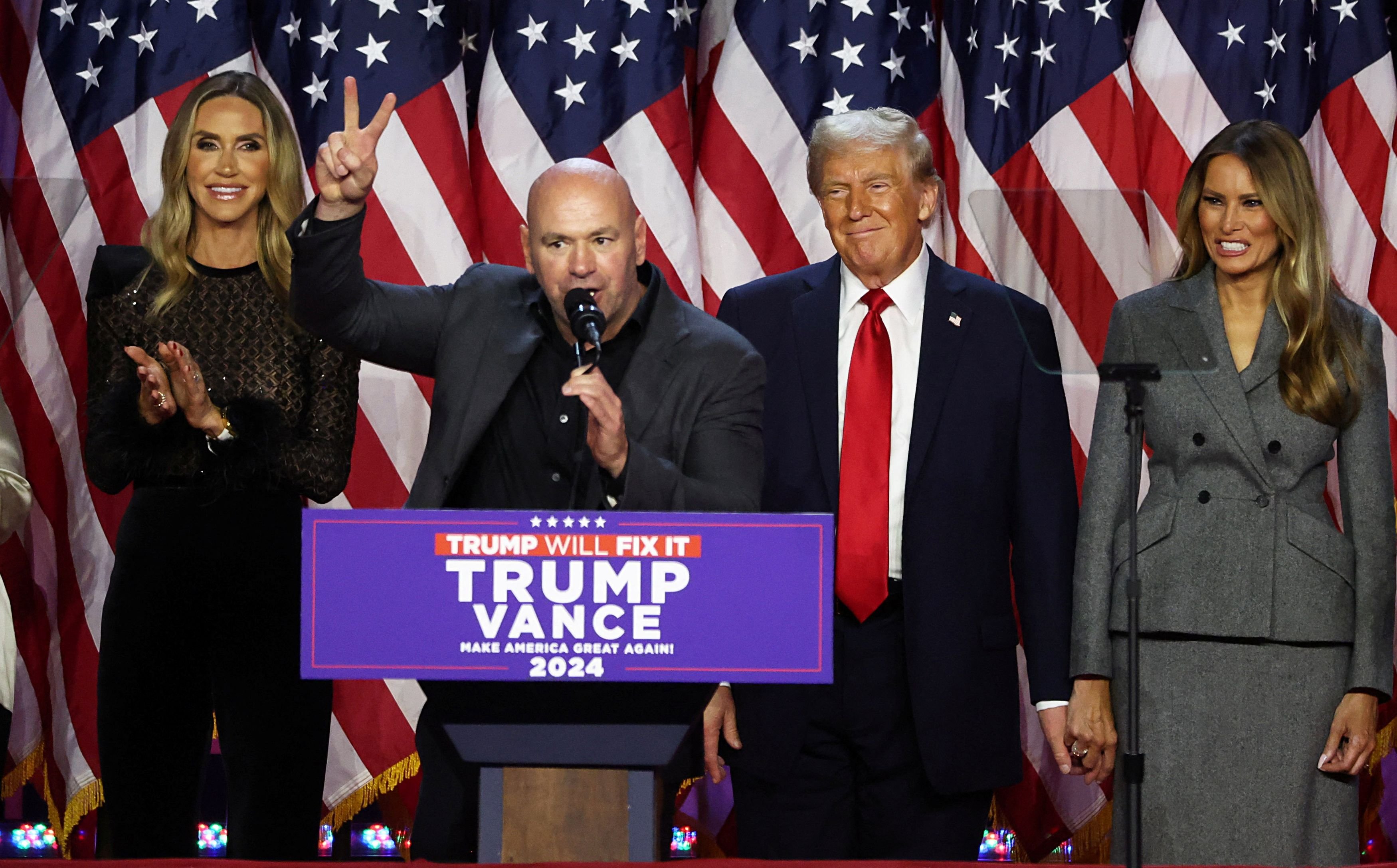 UFC president and CEO Dana White speaks next to Republican President-elect Donald Trump and his...