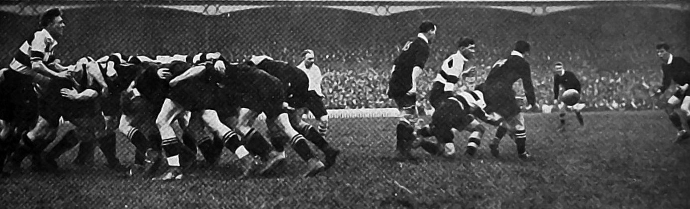 All Black Jimmy Mill gets the ball away from a scrum against Cardiff. — Otago Witness, 20.1.1925 