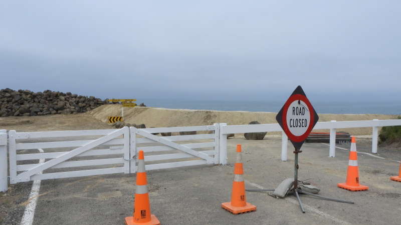 Permanent-looking locked gates block the end of Awamoa Central Rd to keep the public out of Beach...