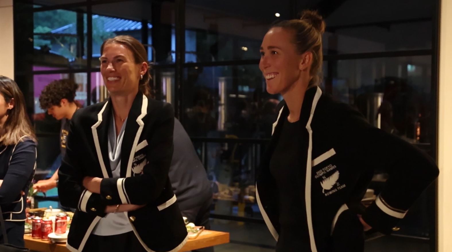 Olympic rowers Lucy Spoors (left) and Emma Twigg join in the festivities at the Whakatipu Rowing...