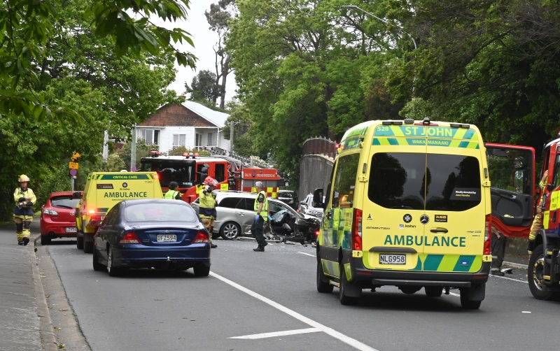 Emergency services attend a crash on South Rd in Dunedin, outside the Southern Cemetery, this...