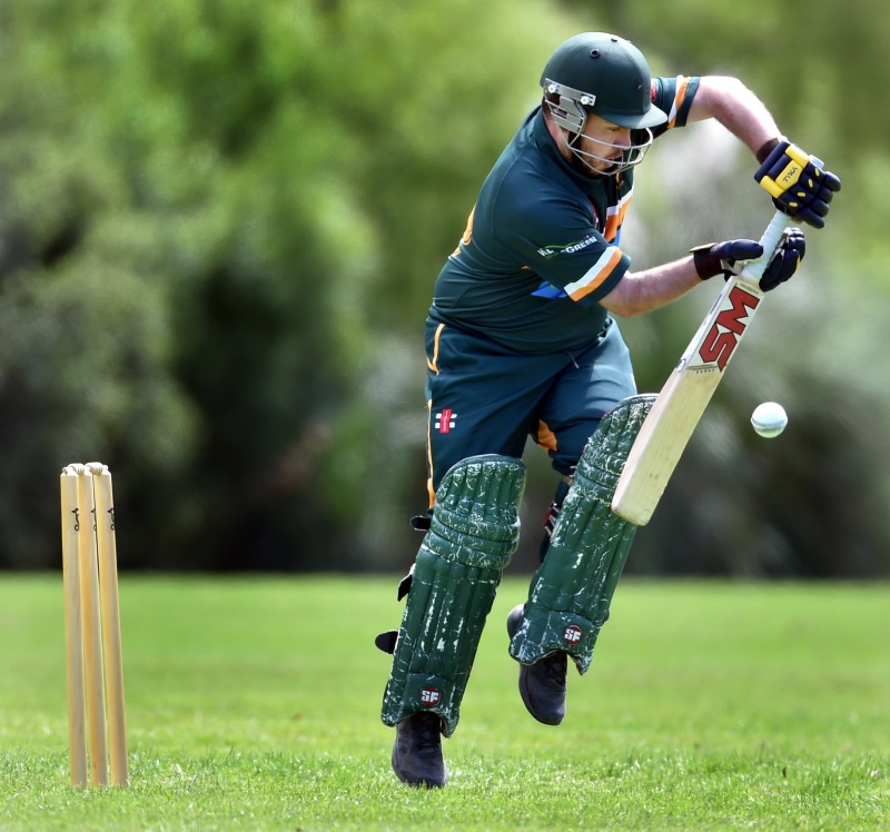 On the back foot . . . Green Island batter Joel Meade fends off a rising delivery against CDK at...