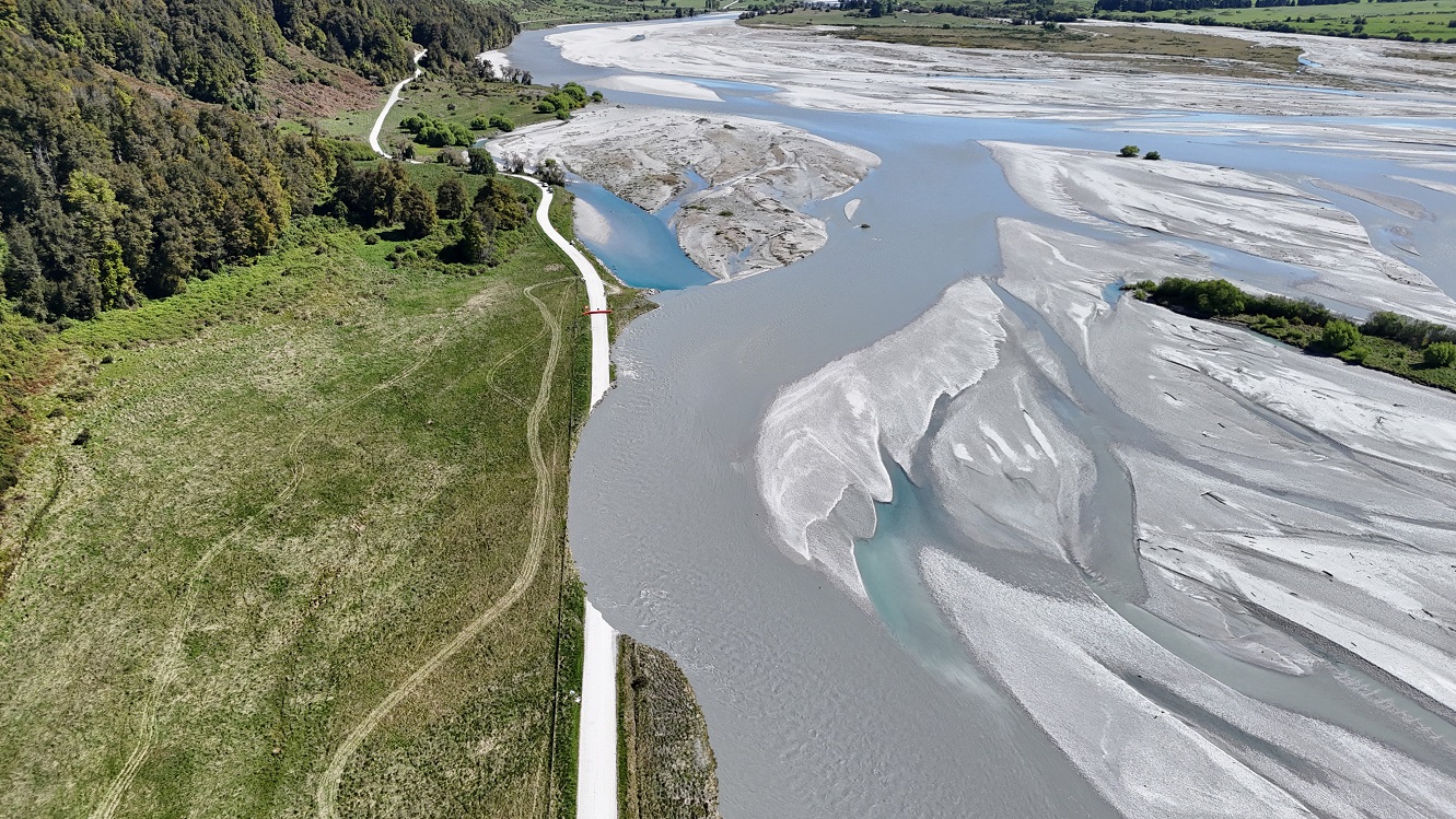 An aerial photo shows where the flooded Dart River washed away a section of Kinloch Rd. Photo:...