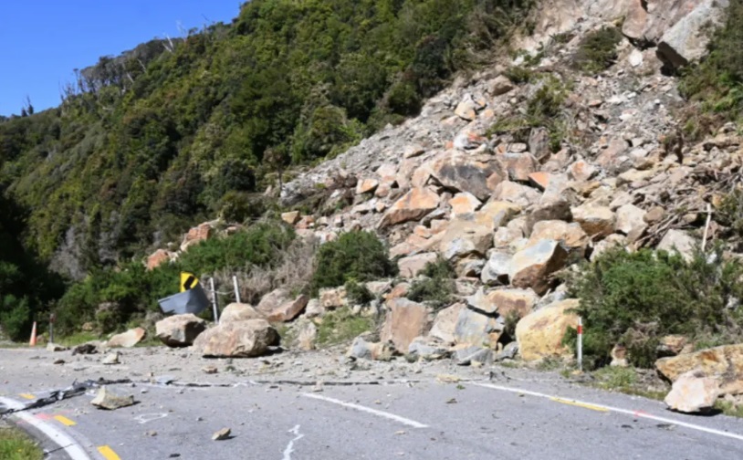 Rock and debris on State Highway Six at the Epitaph Slip. Photo: NZTA