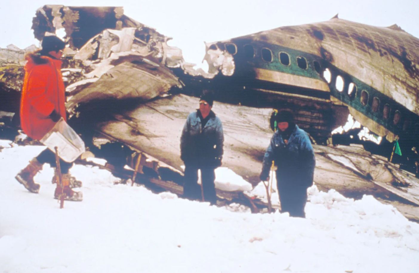 Rescue workers at the wreckage of Air New Zealand flight TE901 on the slopes of Mount Erebus,...