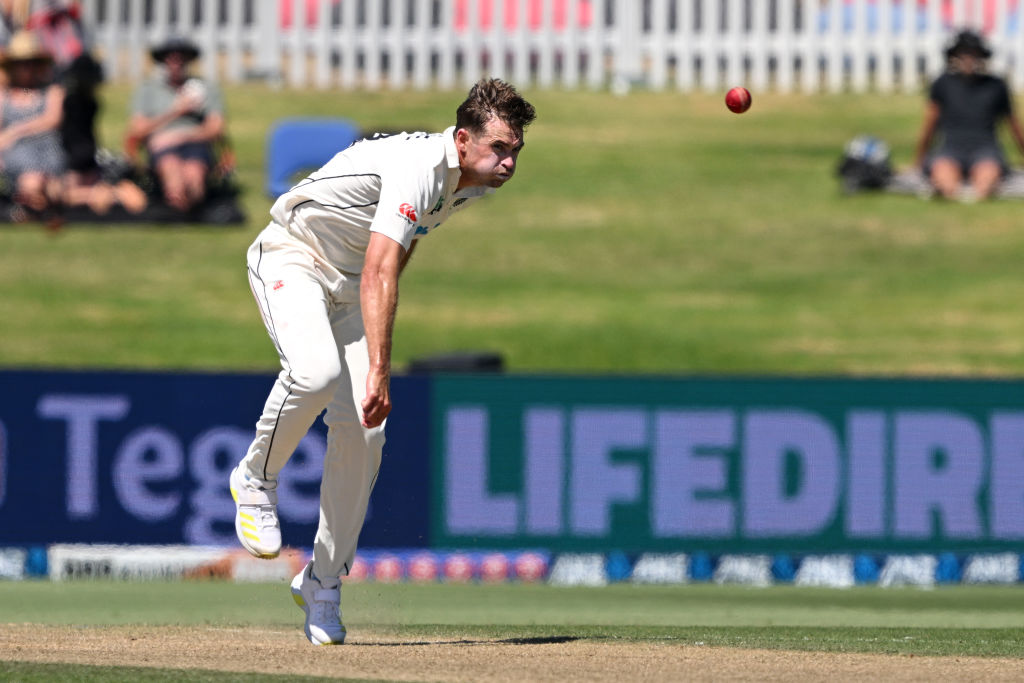 Tim Southee bowls during the first test between New Zealand and South Africa in Mount Maunganui...