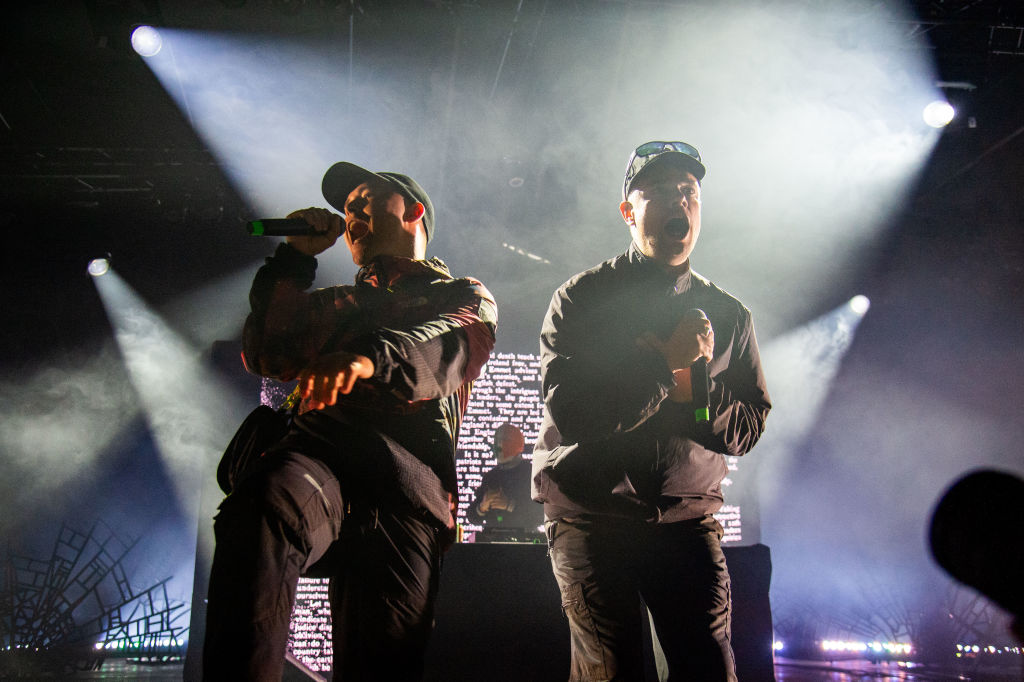 Mo Chara and Moglai Bap of Irish hip-hop band Kneecap perform at the Roskilde Festival in Denmark...