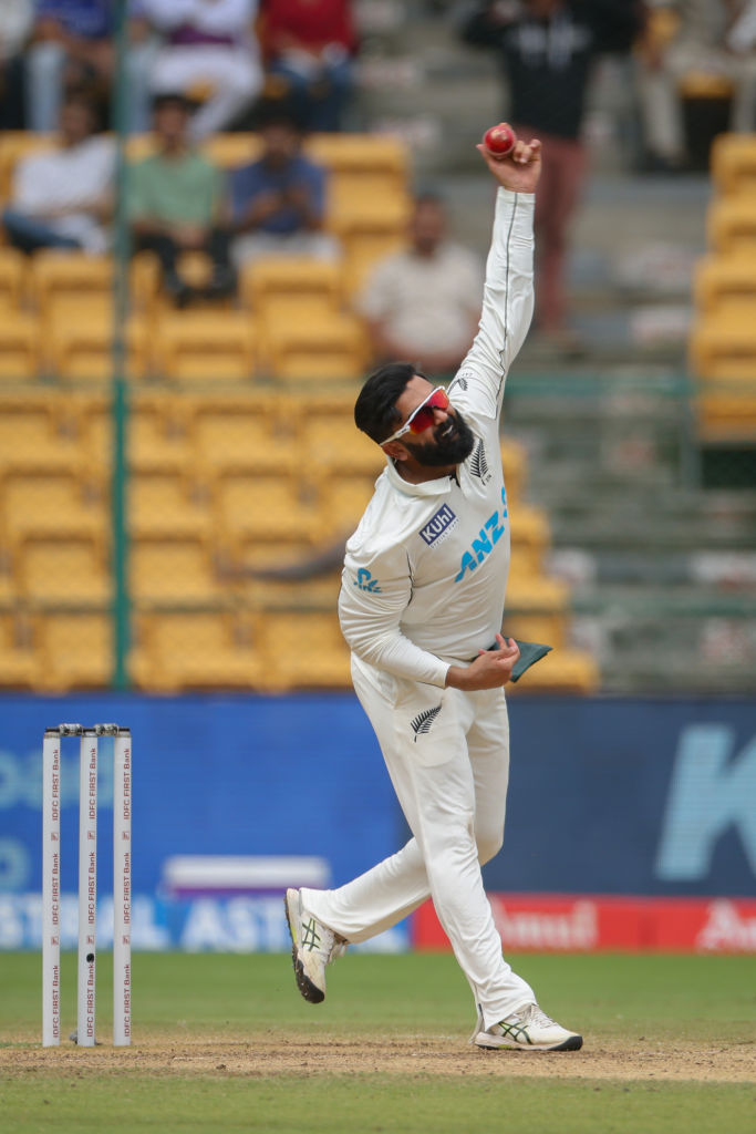 Ajaz Patel took 11 wickets in the match as New Zealand beat India by 25 runs. File photo: Getty