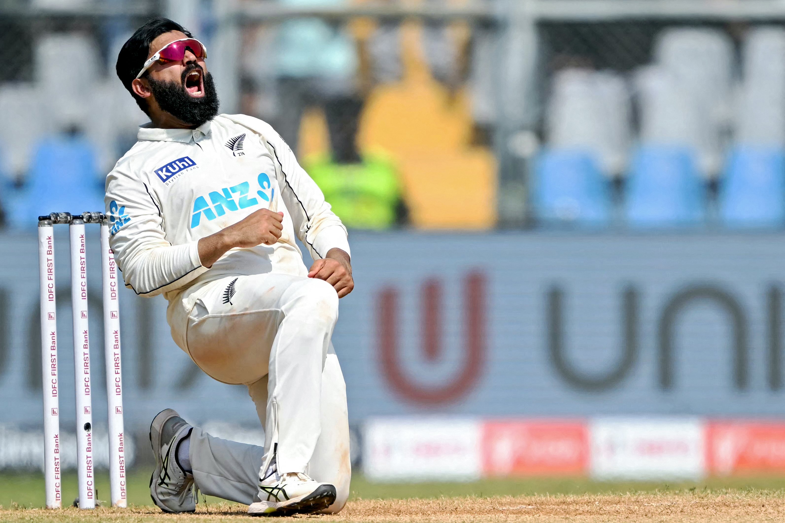 Ajaz Patel celebrates his wicket of Washington Sundar, which completed his side’s historic 3-0...