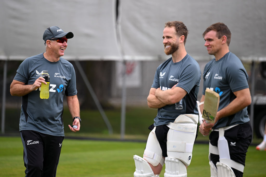 Coach Gary Stead talks with Kane Williamson (centre) and Tom Latham during a training session at...