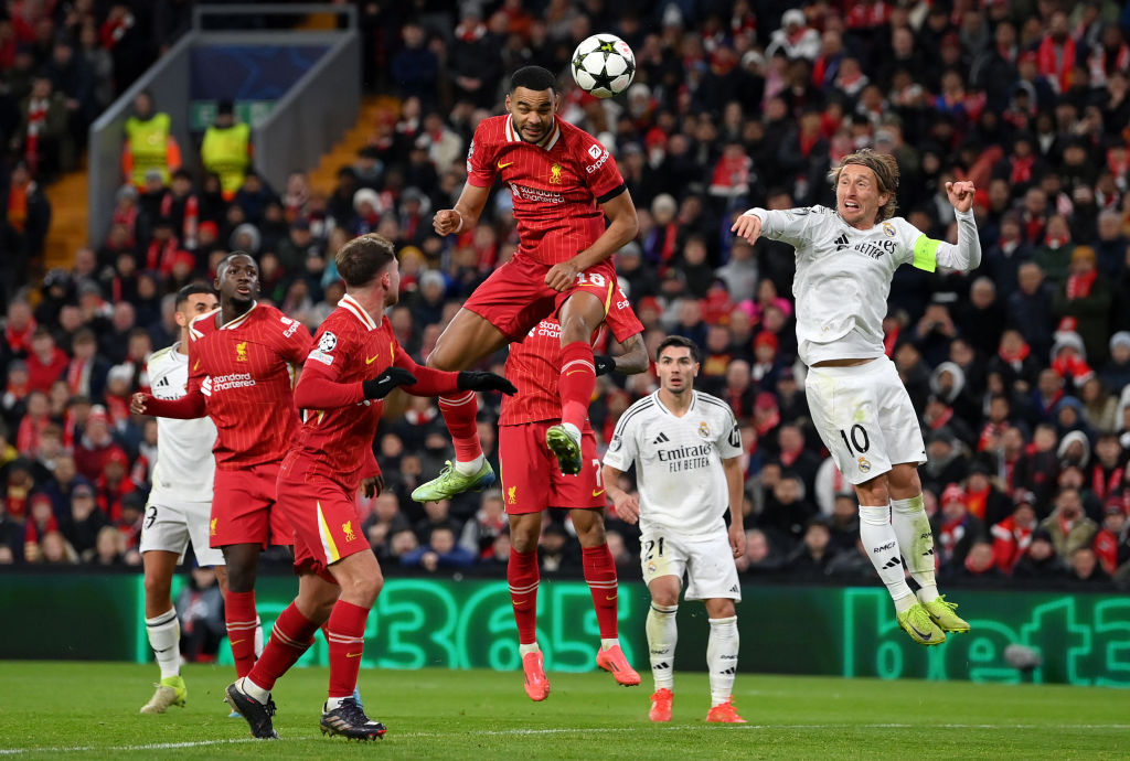 Cody Gakpo heads home Liverpool's second goal in their 2-0 win over Real Madrid at Anfield this...